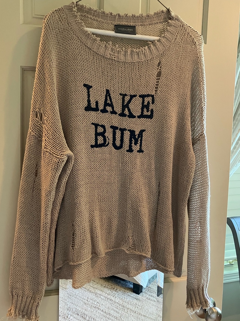 Wooden Ships Beige Distressed 'LAKE BUM' Knit Sweater Size S/M